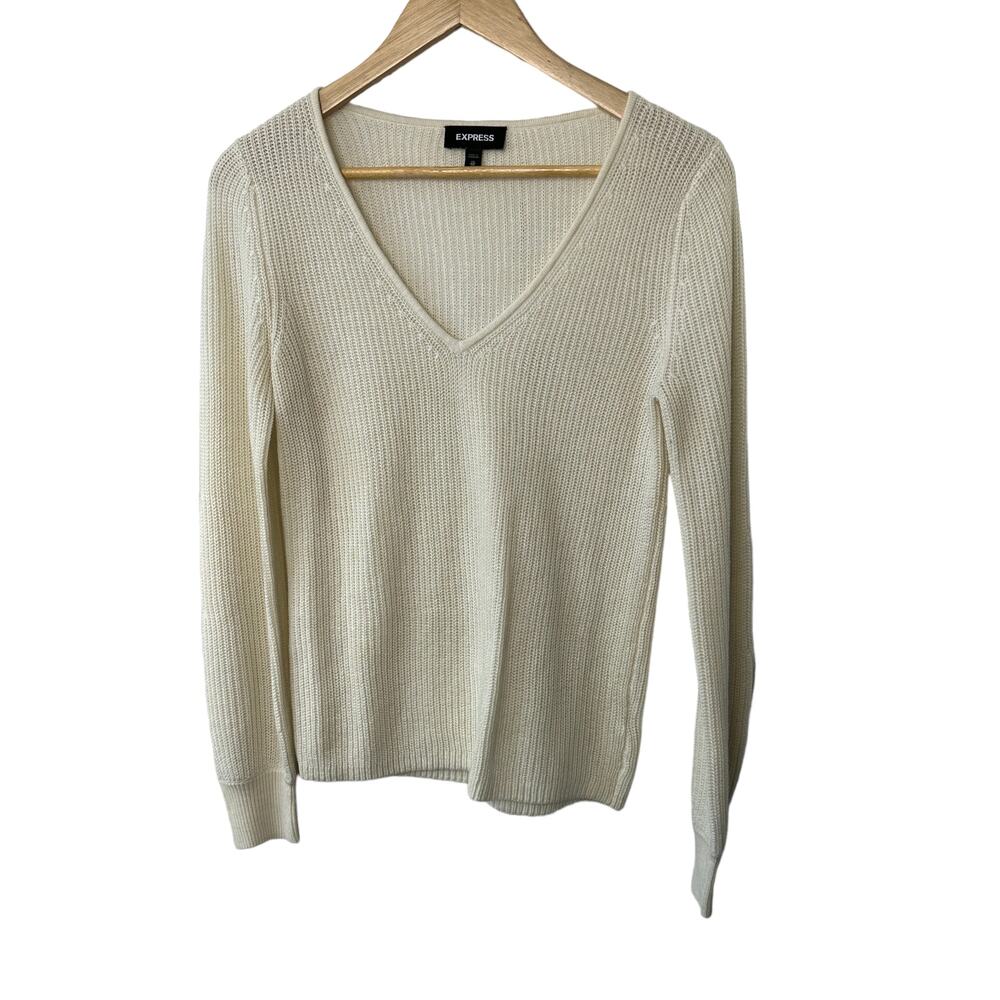 Express Ivory Lightweight V-Neckline Long Sleeve Knit Sweater Women's XS